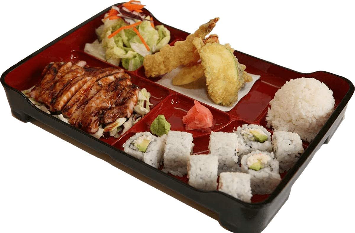 Japanbargain 1590, Japanese Lunch Bento Box Traditional Plastic Lacquered Bento Plate 6 Compartments For Restaurant Or Home, Red