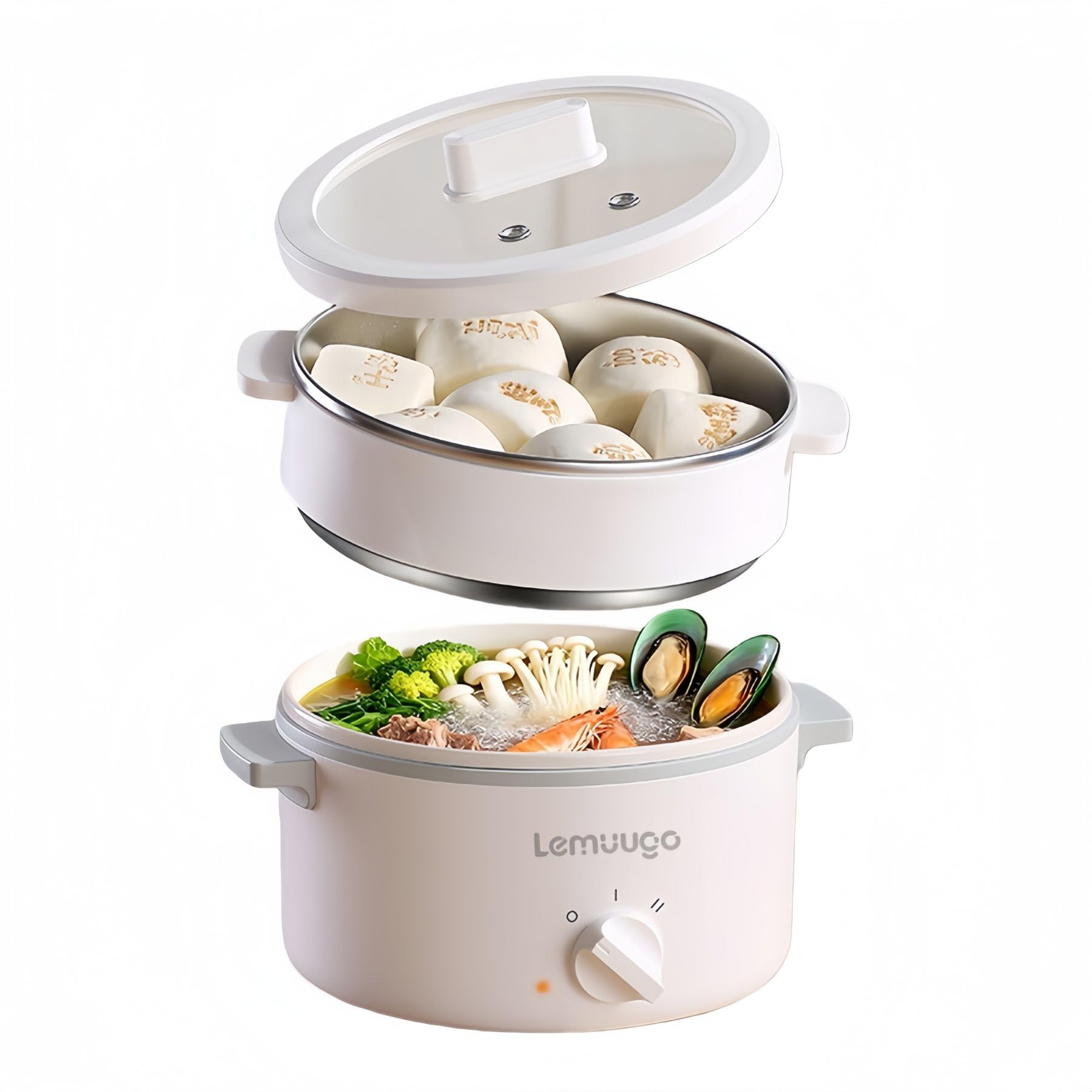 Lemuugo 1.6L Electric Hot Pot with Steamer, Mini Electric Cooker & Double Boiler for Ramen, Noodles, Soup, Hot Pot, Eggs, Dorm, 