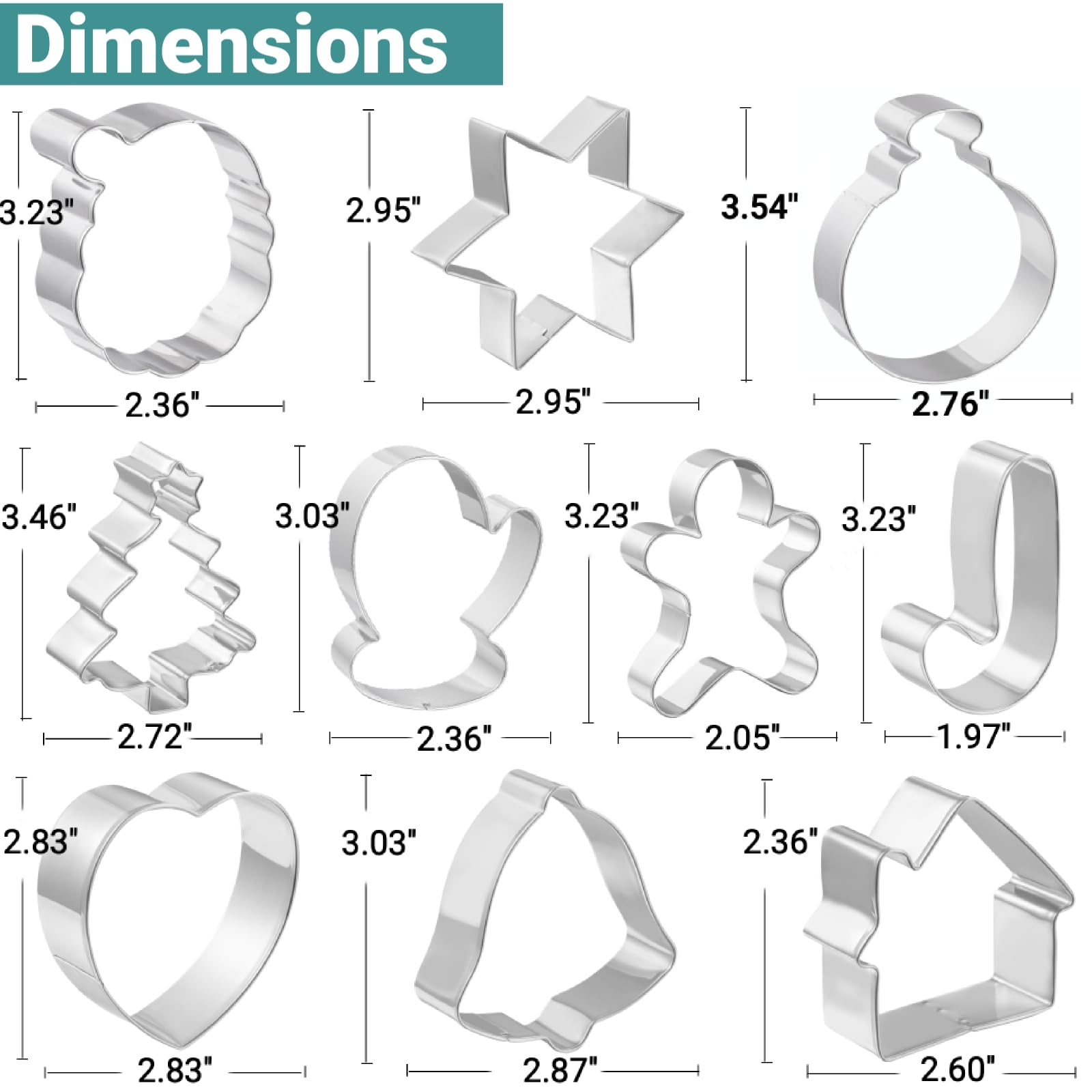 Job Jol Christmas Cookie Cutters 10 Pcs, 3'' To 3.5'', Santa Face, Gingerbread Man, House, Christmas Tree, Bell, Mitten