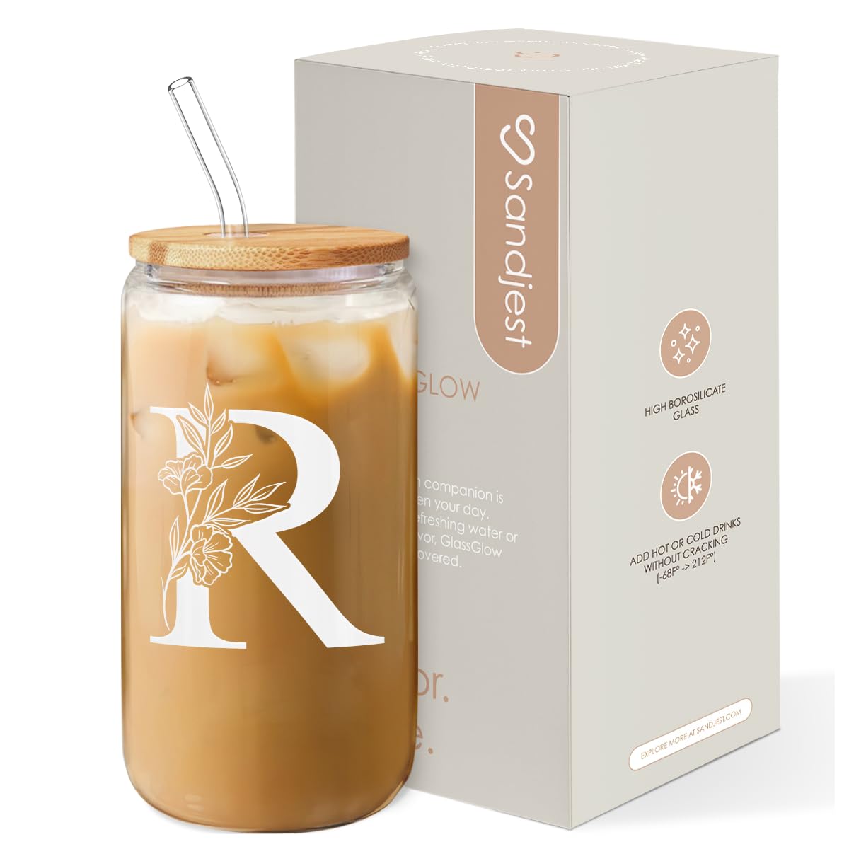 SANDJEST Monogrammed Gifts for Women - Monogram R Initial Glass Cup 16 Oz Can Coffee Cups with Lid and Straw - Monogram Initials