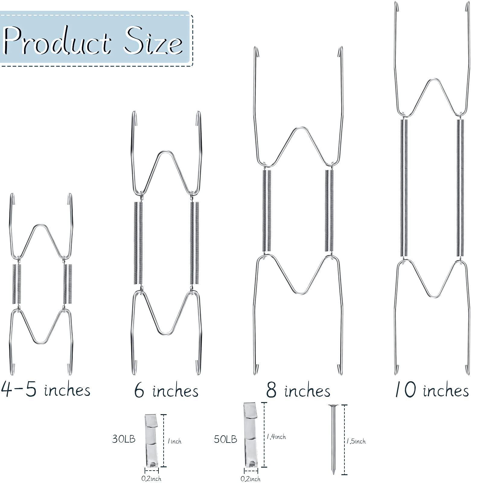 Hotop 20 Pieces 4/5, 6, 8, 10 Inches Invisible Plate Hangers Wall Plate Hangers Stainless Decorative Wire Plate Hangers With 20