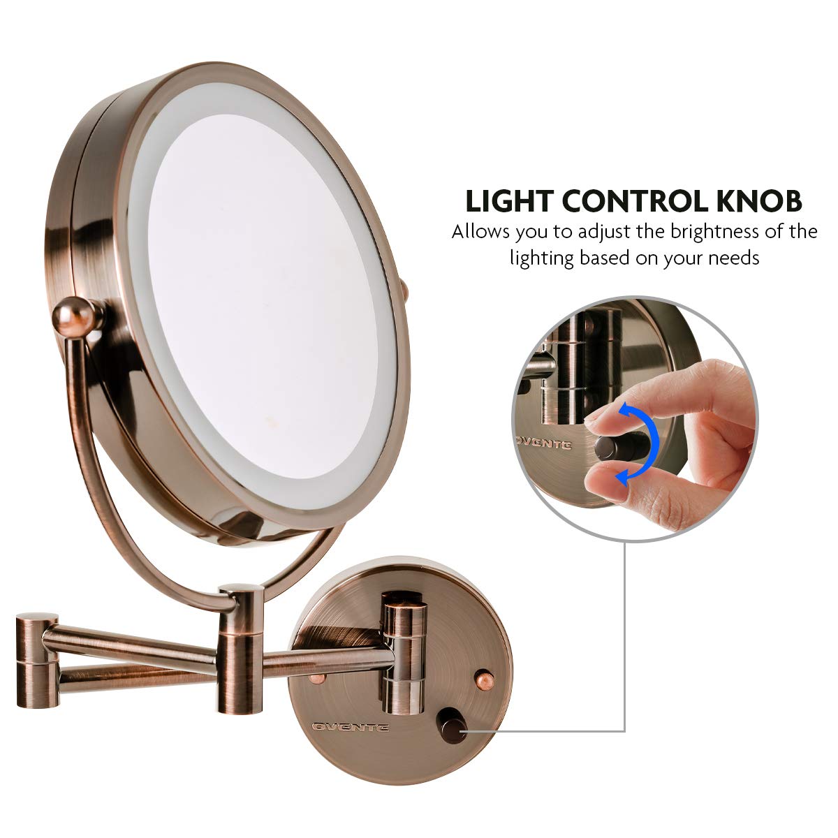 Ovente 9'' Lighted Wall Mount Makeup Mirror - 1X/ 7X Magnification, Hardwired Glow Cosmetic Light Up Mirror, Spinning 360-Degree