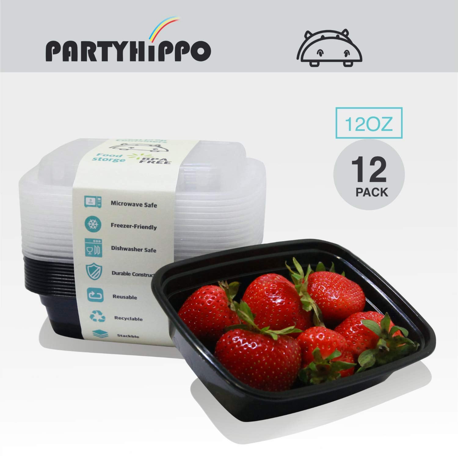 Partyhippo Small Meal Prep Containers Single Lids, 12 Oz 12-Pack, Food Storage Bento Bpa Free | Stackable | Reusable Lunch Boxes