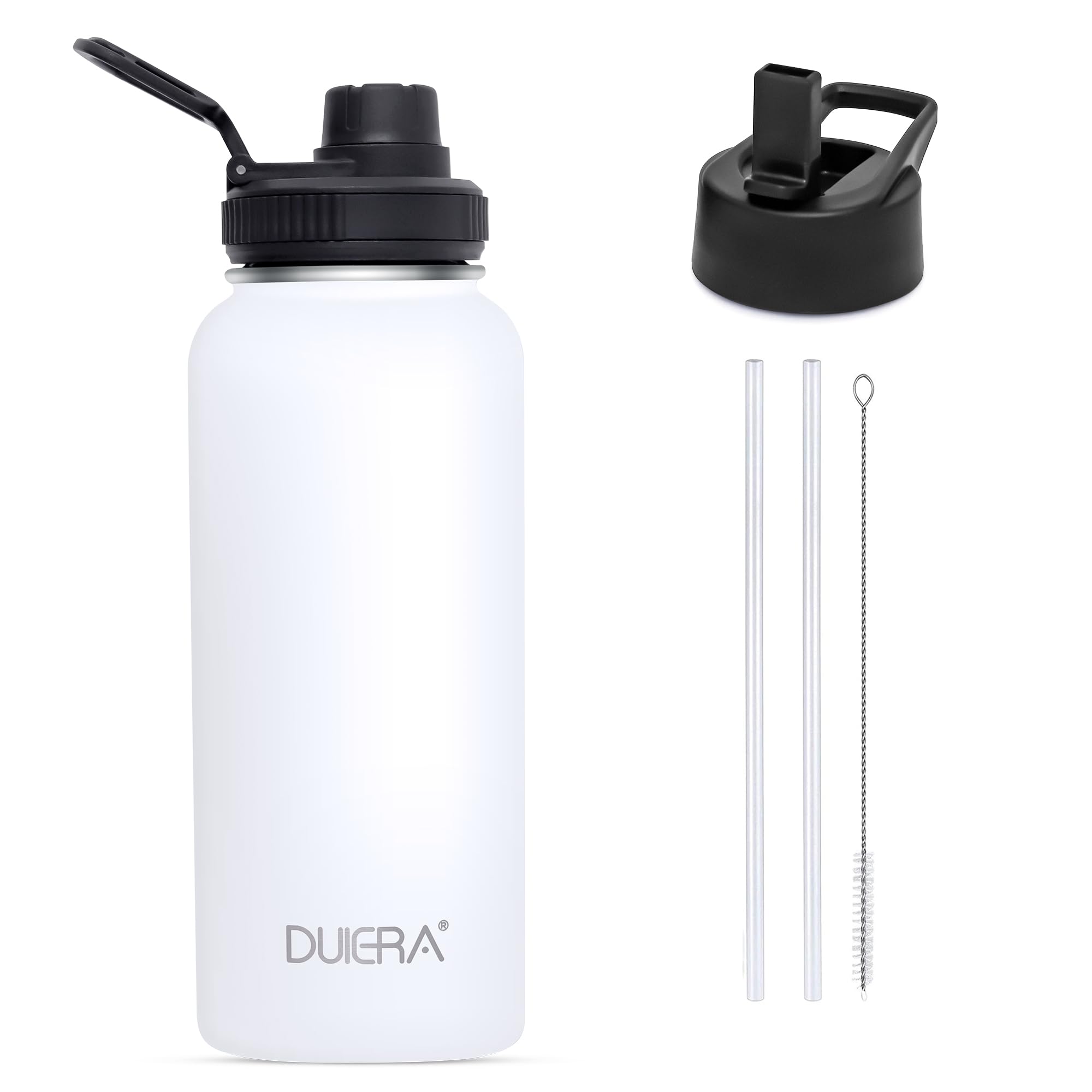 DUIERA 32oz Insulated Water Bottle Vacuum Stainless Steel Water Bottle with Straw & Leak Proof Spout Lids  BPA Free  Keep Beverage Cold or Hot - White