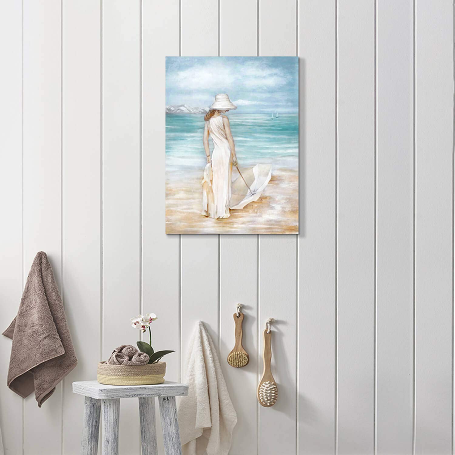 Abstract Beach Artwork Ocean Picture: Modern Women With Umbrella Sea Print Coastal Wall Art On Canvas For Bedroom (24    X 18