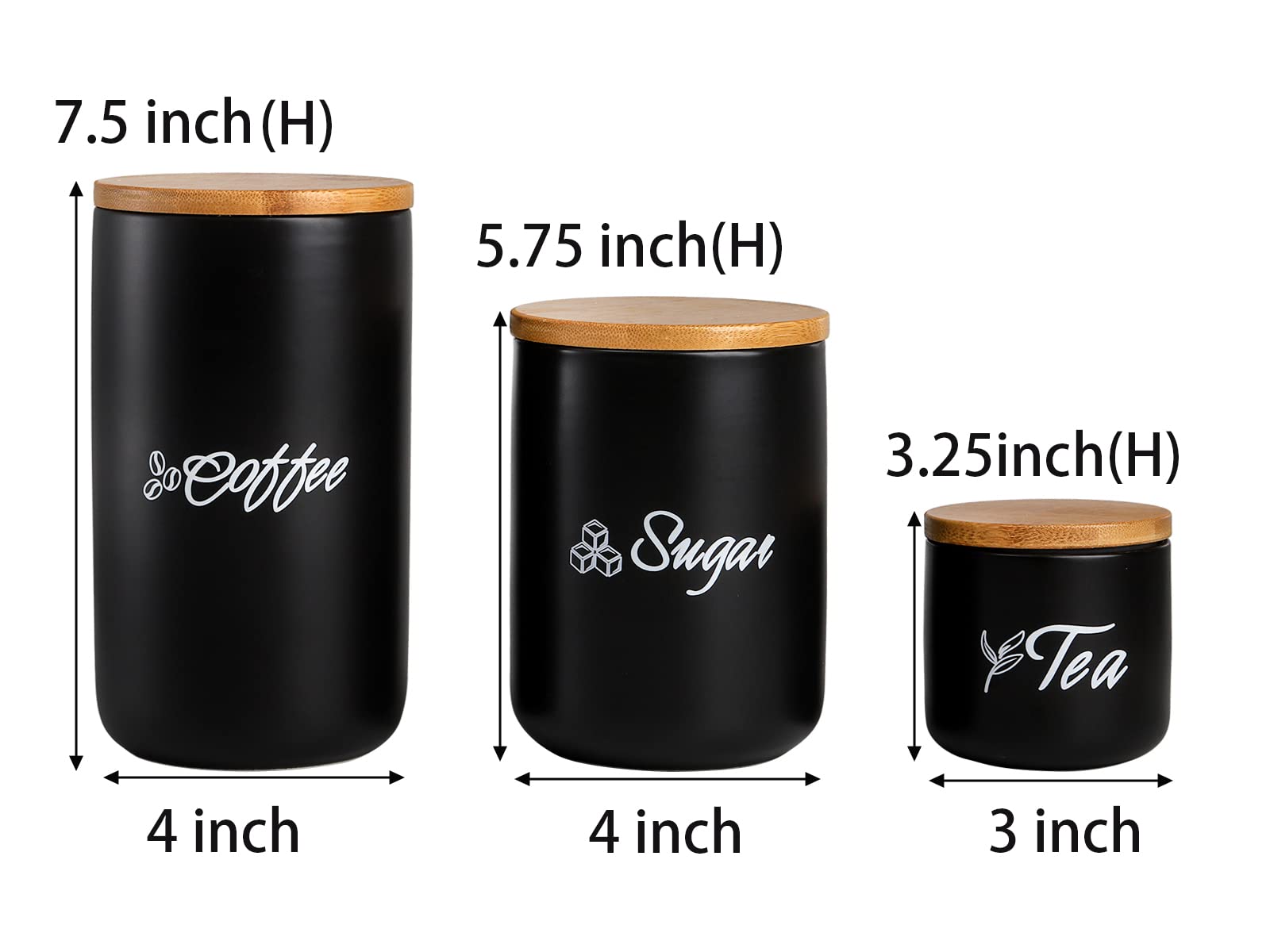 Topzea Set Of 3 Black Kitchen Canisters, Ceramic Coffee Sugar Tea Canisters Cylinder Set With Bamboo Lid Airtight Containers, Ki