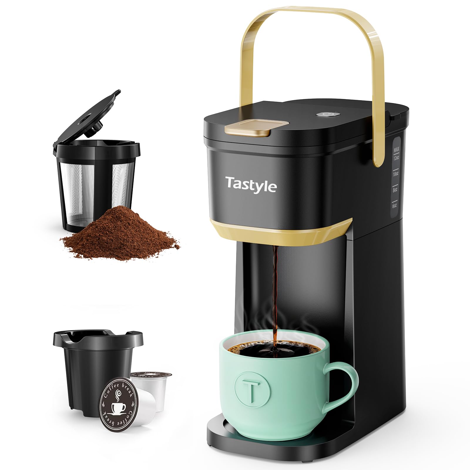 Tastyle Single Serve One Cup Coffee Maker, for K Cups and Grounds, Mini Coffee Maker with Portable Handle, 6 to 12 Oz Brew Size,