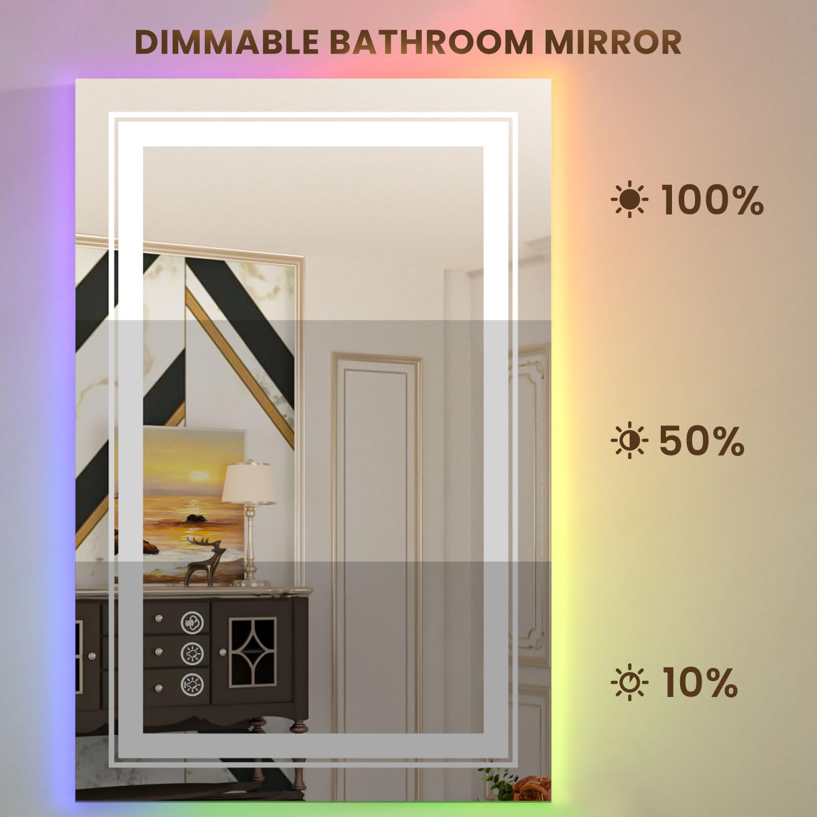 Wtty Rgb Led Bathroom Mirror 28''X36'' With Backlit And 3 Front Light,Stepless Dimmable Led Mirror For Bathroom,Lighted Bathroom