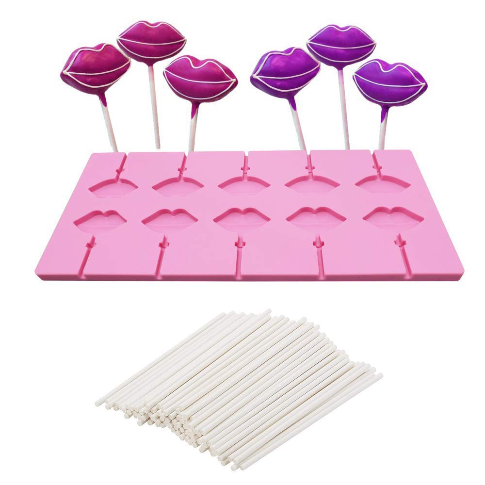 10 Cavities Red Lips Lollipop Mold With 20Pcs Sticks Sexy Lips Silicone Chocolate Hard Candy Gummy Fondant Mold