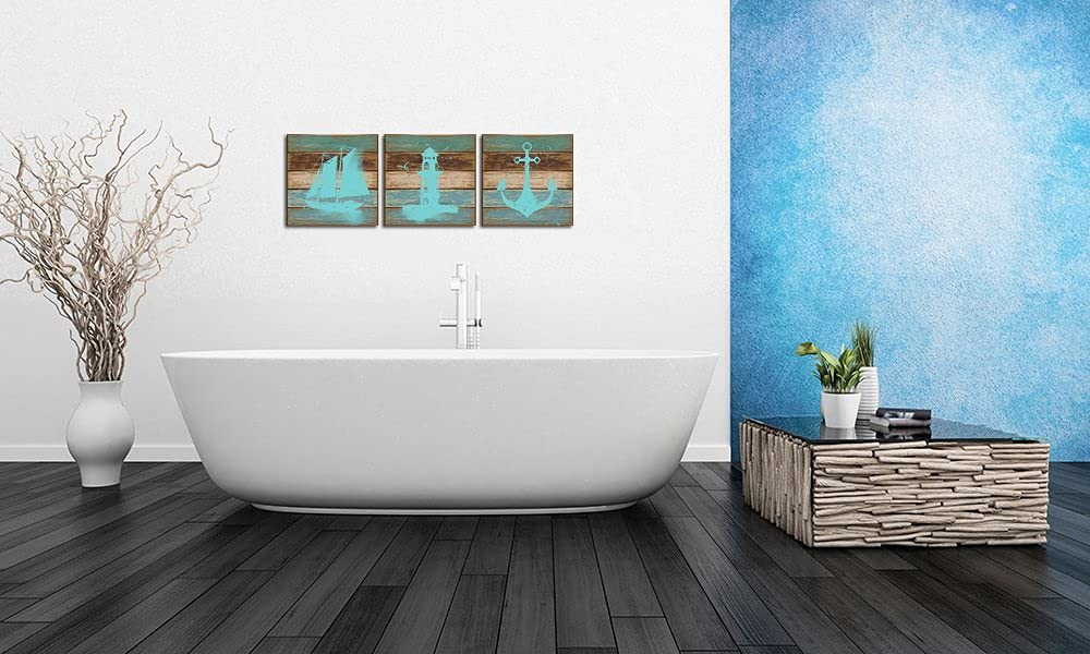 Vvovv Wall Decor Nautical Wall Art Ocean Lighthouse Anchor Sailingboat Painting Teal Blue Canvas Art Print Wood Texture Print Ga