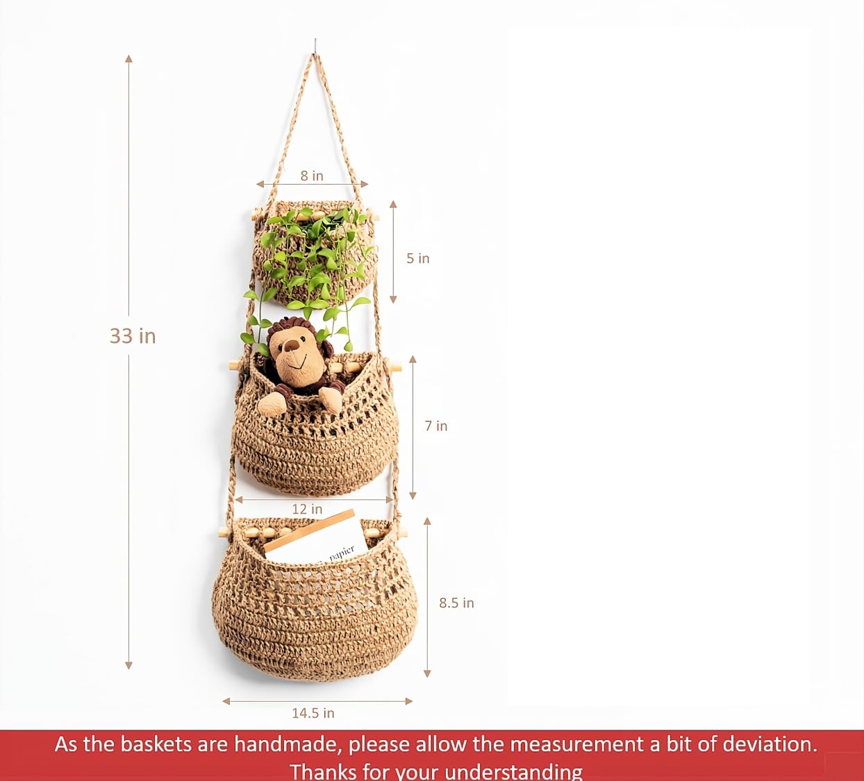 Hanging Fruit Basket, 3 Tier Woven Jute Wall Hanging Basket For Organizing, Hanging Produce Basket For Fruit & Vegetable Storage