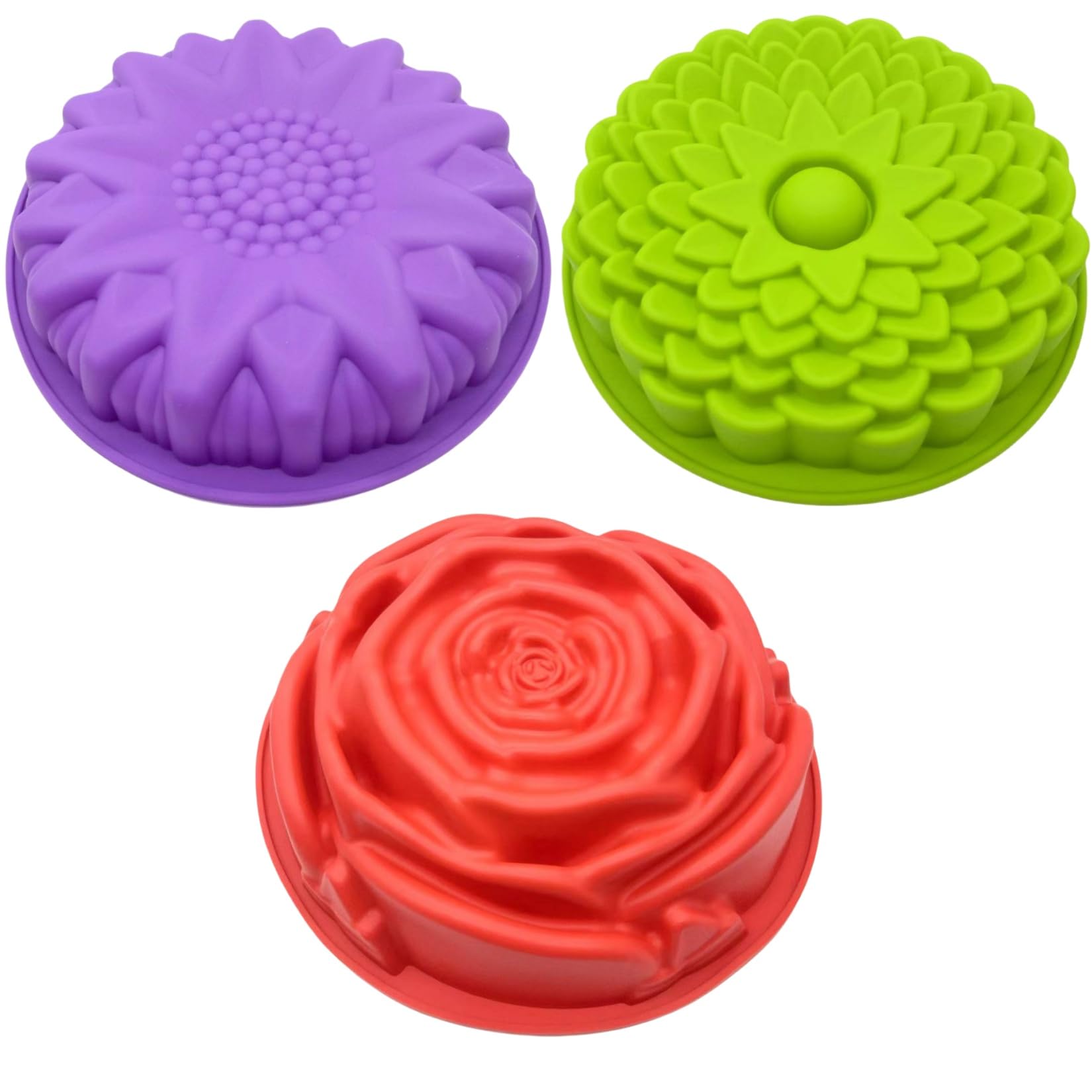 Accfore 3 Pcs Flower Shape Silicone Cake Bread Pie Flan Tart Jello Molds,Non-Stick Silicone Baking Molds,Silicone Cake Molds,Lar