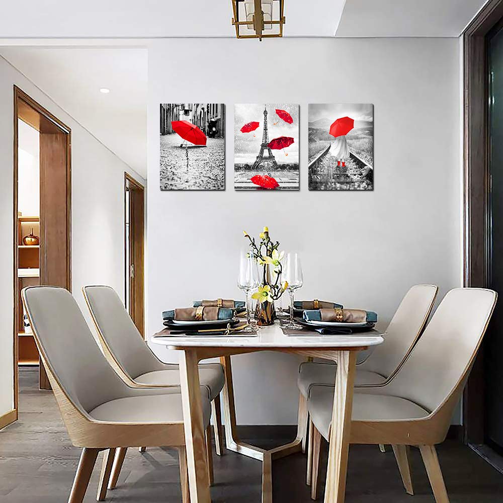 Black And White Landscape Eiffel Tower 3 Piece Wall Art For Living Room Bathroom Decorations Kitchen Wall Decor Modern Red Umbre