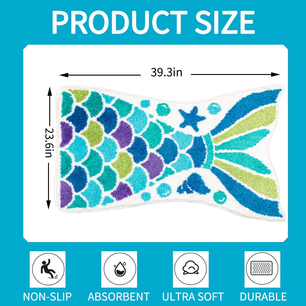 Cute Mermaid Bath Mat Funny Blue Ocean Fish Mermaid Scales Tail Shape Bath Rugs For Bathroom Non-Slip Soft Thick Microfiber Abso