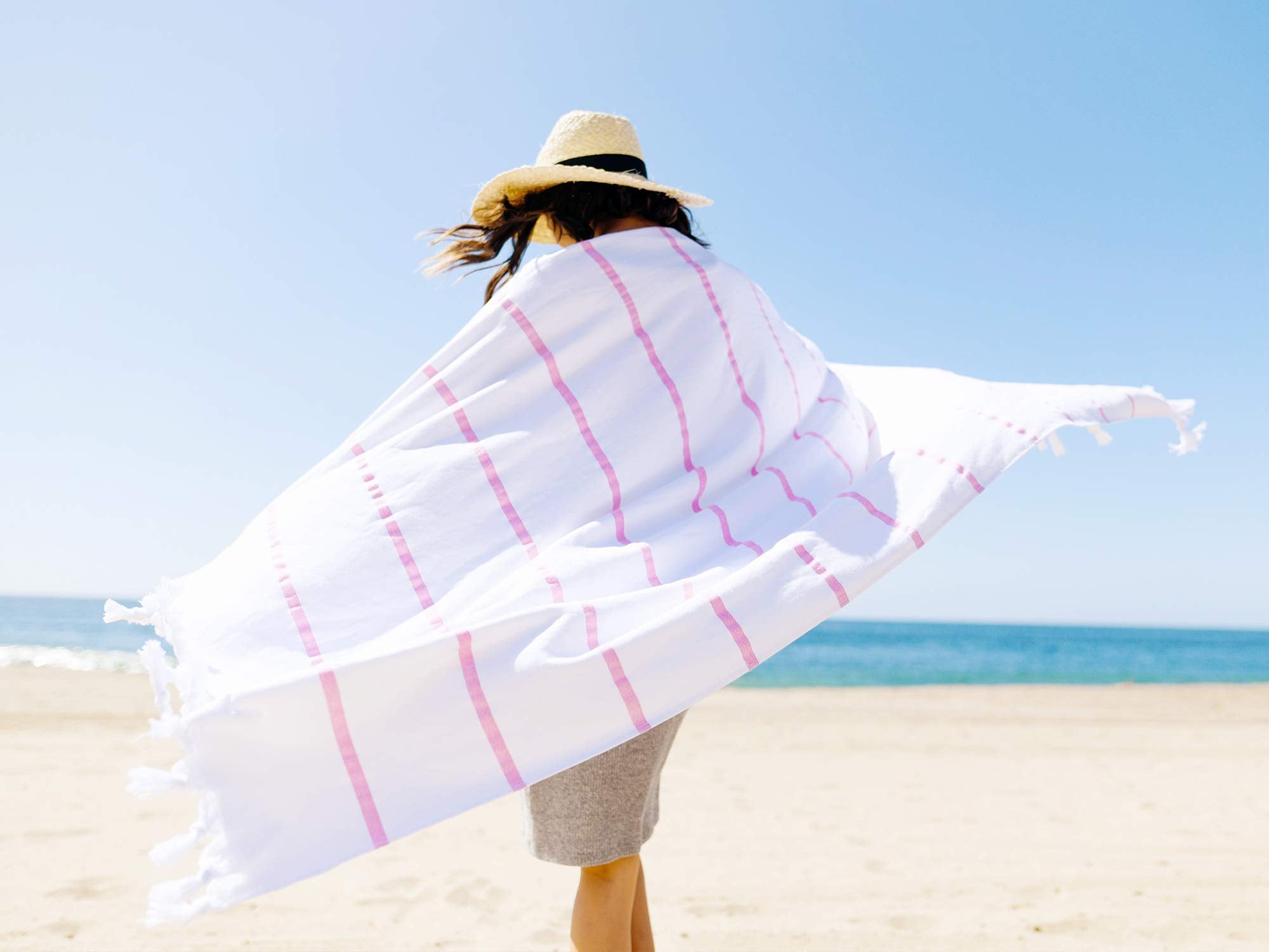 Laguna Beach Textile Co. Soft Turkish Fouta Beach Towel - Flamingo Pink Stripe, 400 Gsm
