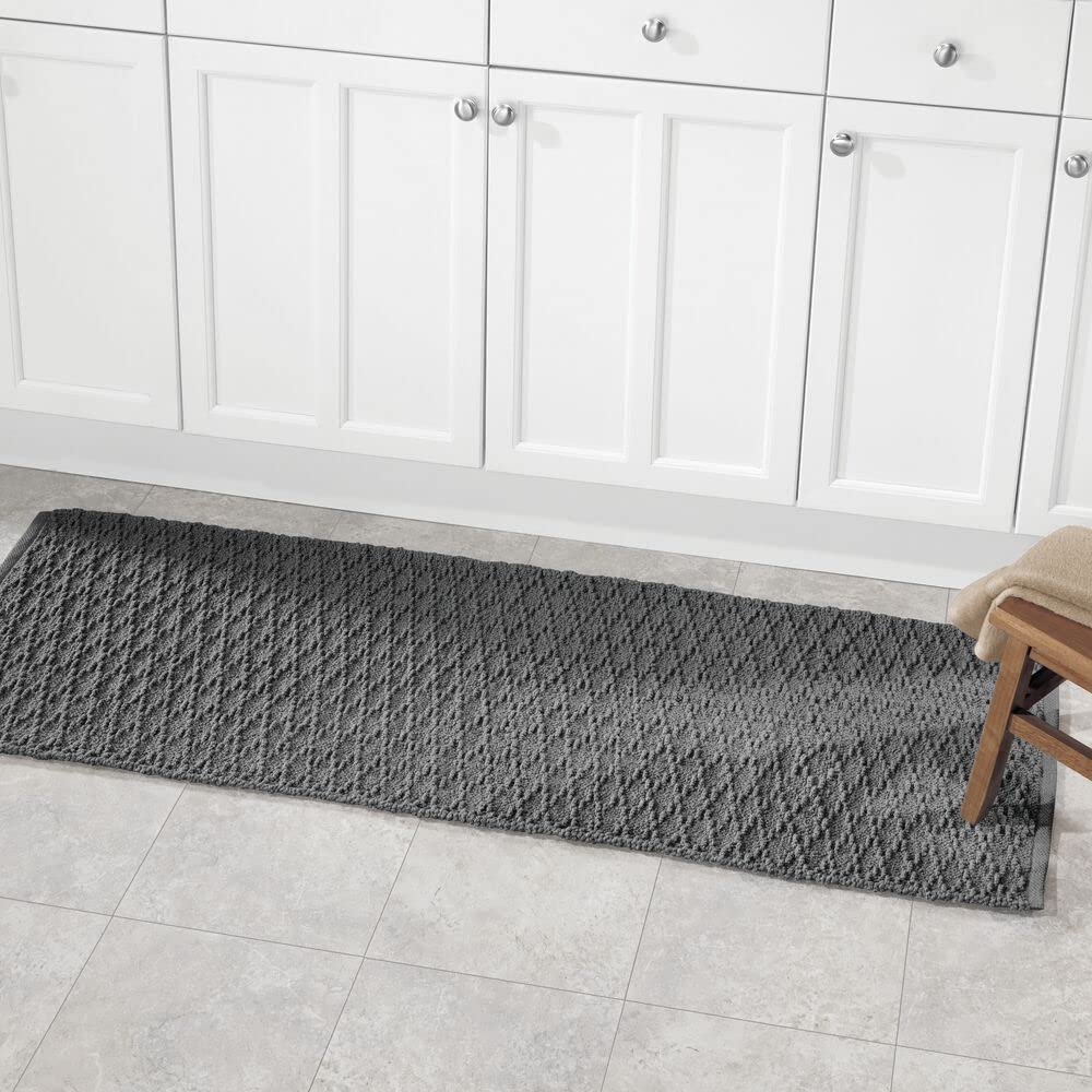 mDesign Soft 100% Cotton Luxury Hotel-Style Rectangular Spa Mat Rug  Water Absorbent  Diamond Design for Bathroom Vanity  Bathtub/Shower  Machine Washable - Long Runner  60'' x 21'' - Charcoal Gray