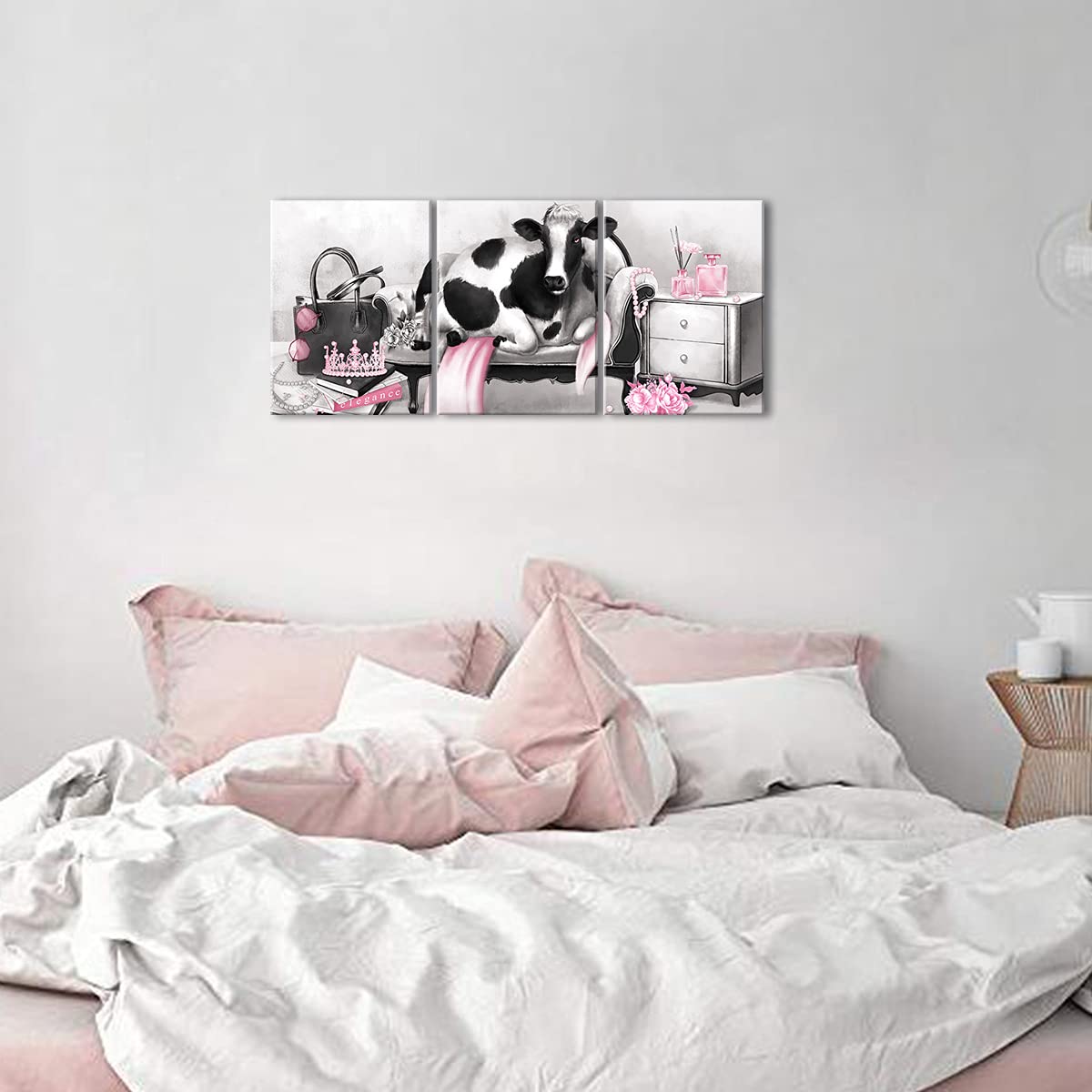 Kalormore Pink Glam Fashion Canvas Poster Elegant Cow With Pearl Crown Perfume Picture Prints Artwork Gift For Girl Woman Bedroo