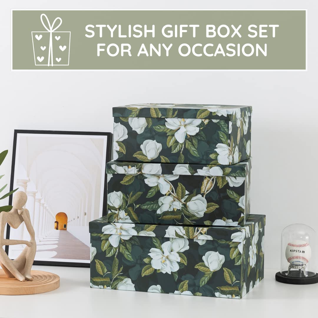 Soul & Lane Decorative Storage Cardboard Boxes with Lids | Midnight Gardenia - Set of 3 | Black Dramatic Paperboard Nesting Boxe