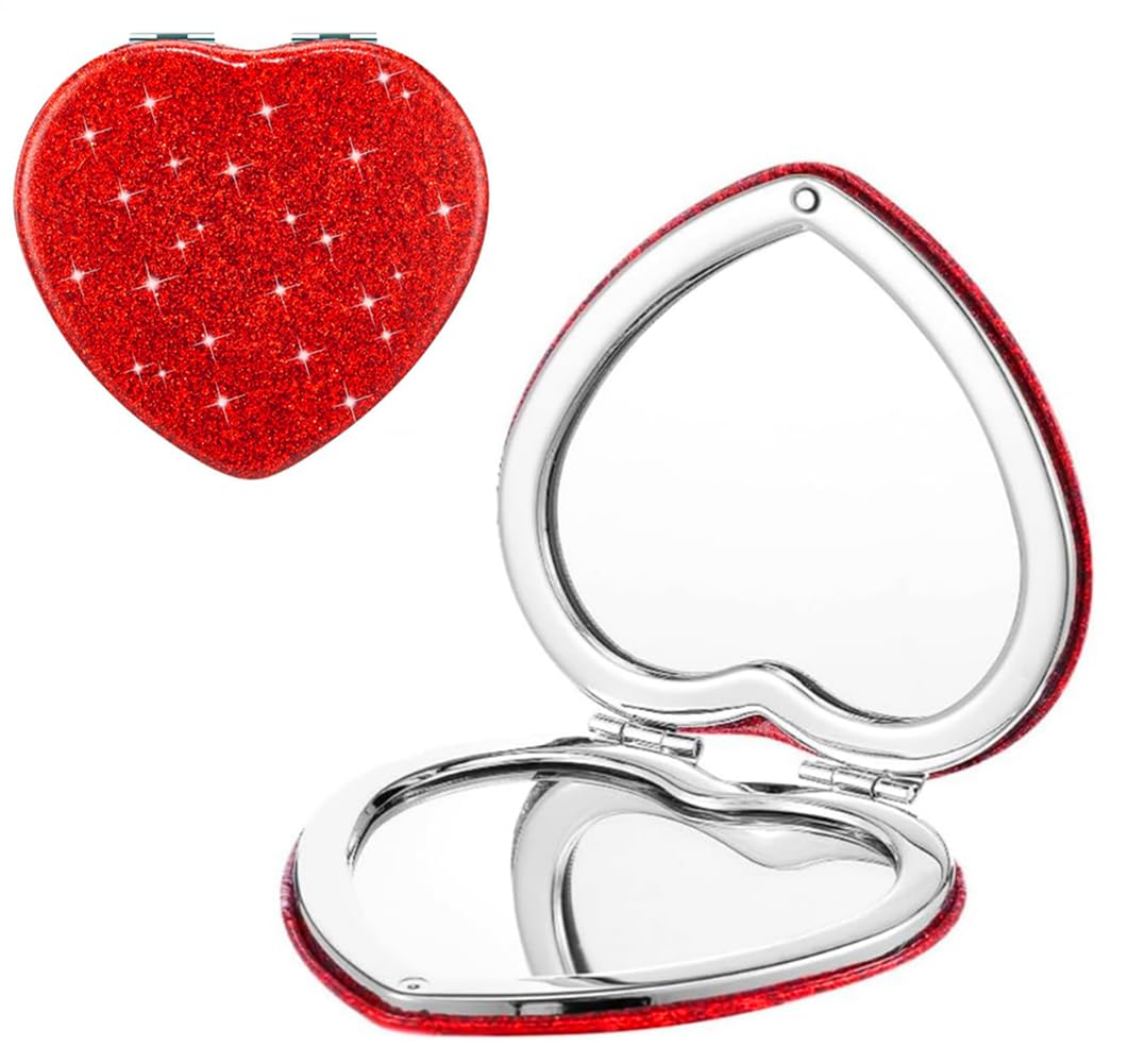 Mpowtech Cute Heart Shaped Compact Mirror For Purse,Red Travel Mirror With Glitter,Leather Small Pocket Mirror,Portable 2 X 1X M