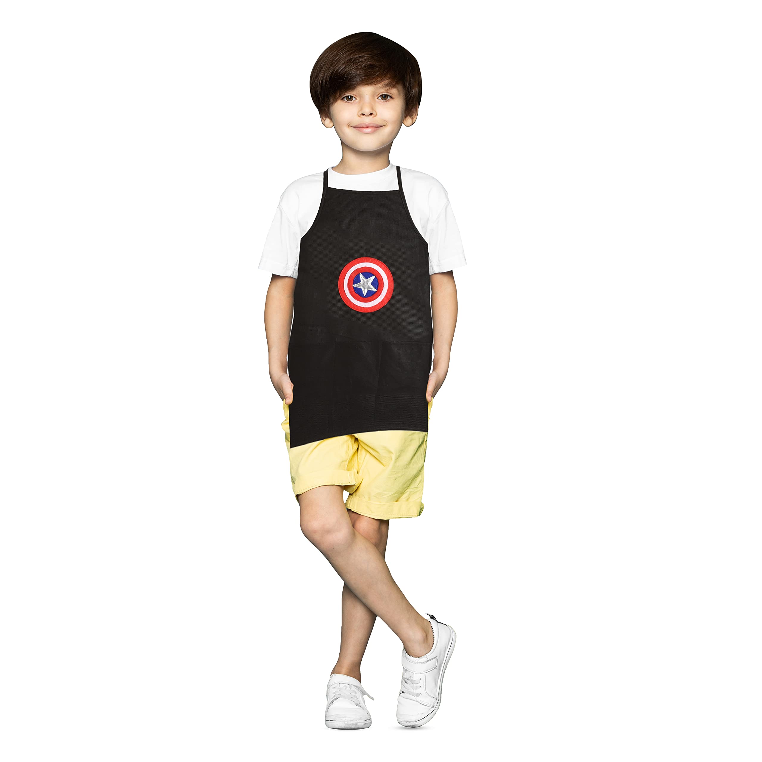 LiLl Pumpkins Captain America Apron With Pocket For Eating Meals, Drawing, Painting, Cooking, Playing For Kids (Pack Of 1, Blac