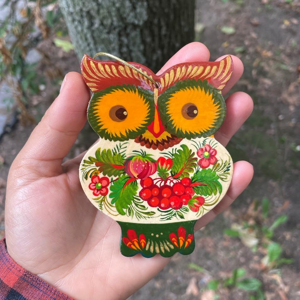 Christmas Ornament Owl Wooden Ukrainian Country Hand-painted 2,6 ? 3,7 ? 0,2 Inch Owl Boho Decoration for Hanging and Collectibl