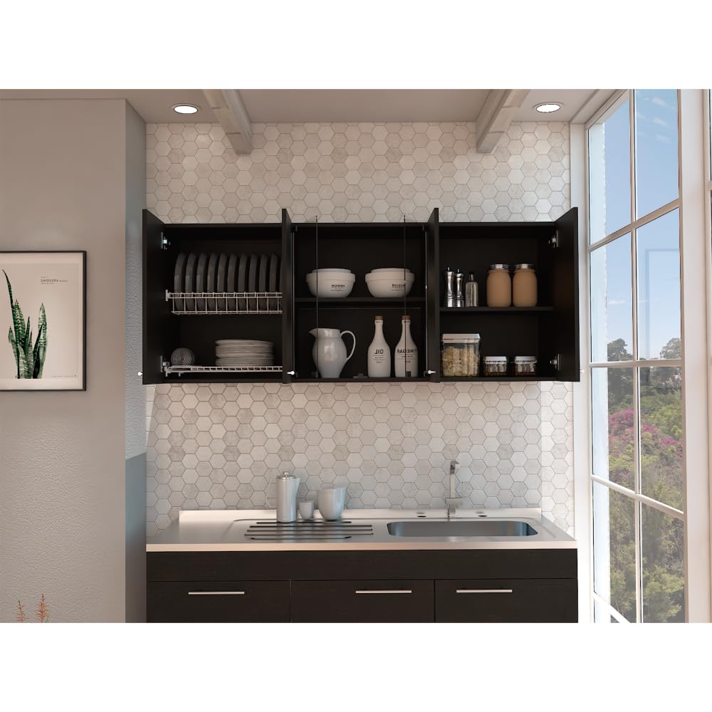 TUHOME Superior 150 Wall Cabinet With Glass  Four Internal Shelves  Glass Cabinet  Two Double Door Cabinet  Racks  Black  For Kitchen Room