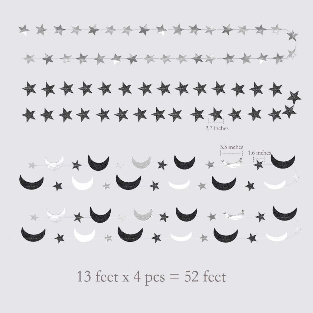 Ramadon Party Decoration Black Silver Crescent Moon Star Garlands Halloween Birthday Decorations Hanging Twinkle Star Garlands for Bday Wedding EID Retirement Graduation New Year Even Party Suppies
