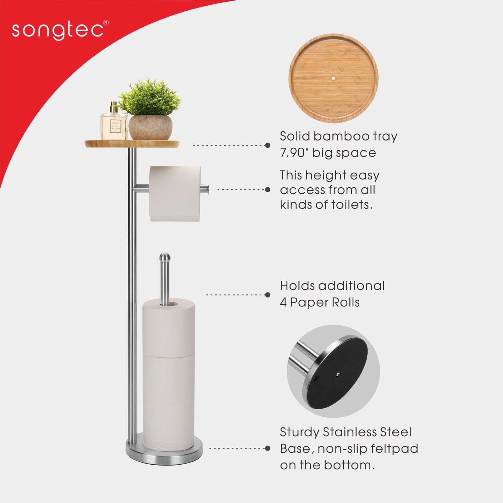 Toilet Paper Holder Stand With 7.9'' Big Bamboo Tray, Holds 5 Rolls, Floor Standing Paper Holder Storage Stand With Phone Shelf,