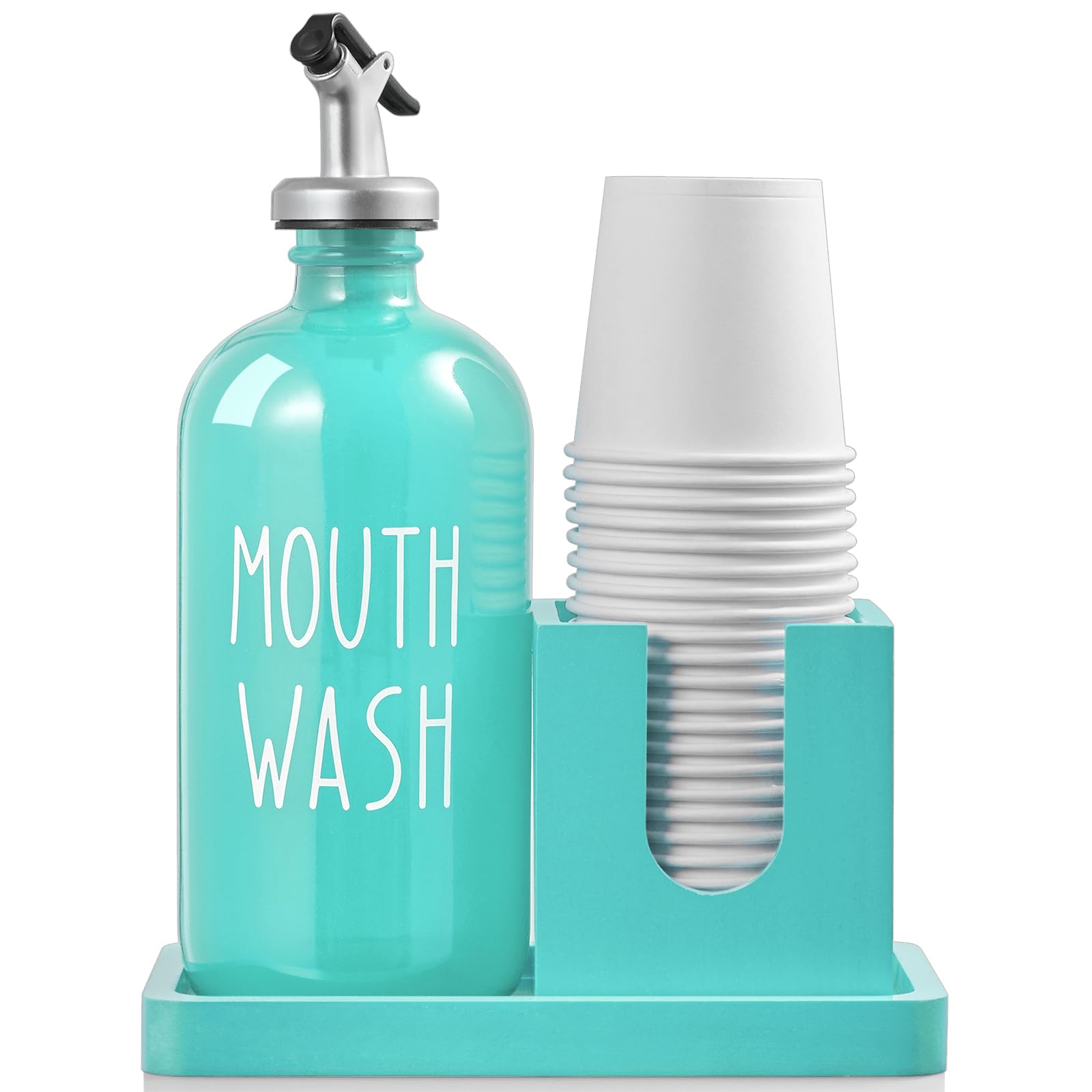 Turquoise Mouthwash Dispenser For Bathroom, 16 Oz Glass Mouthwash Dispenser With Wood Cup Holder And Tray, Mouth Wash Bottle Con