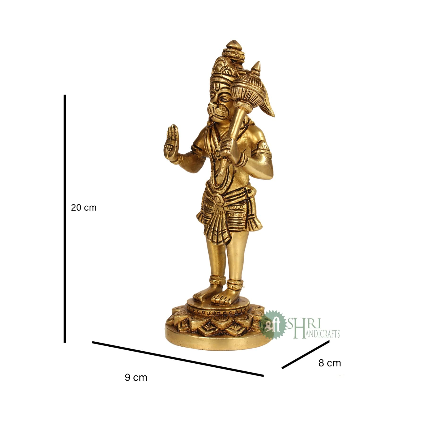 INDICAST Brass Standing Hanuman ji Bajrangbali Sankat Mochan Idol Murti for Home Office Decor- Height 20 Cms