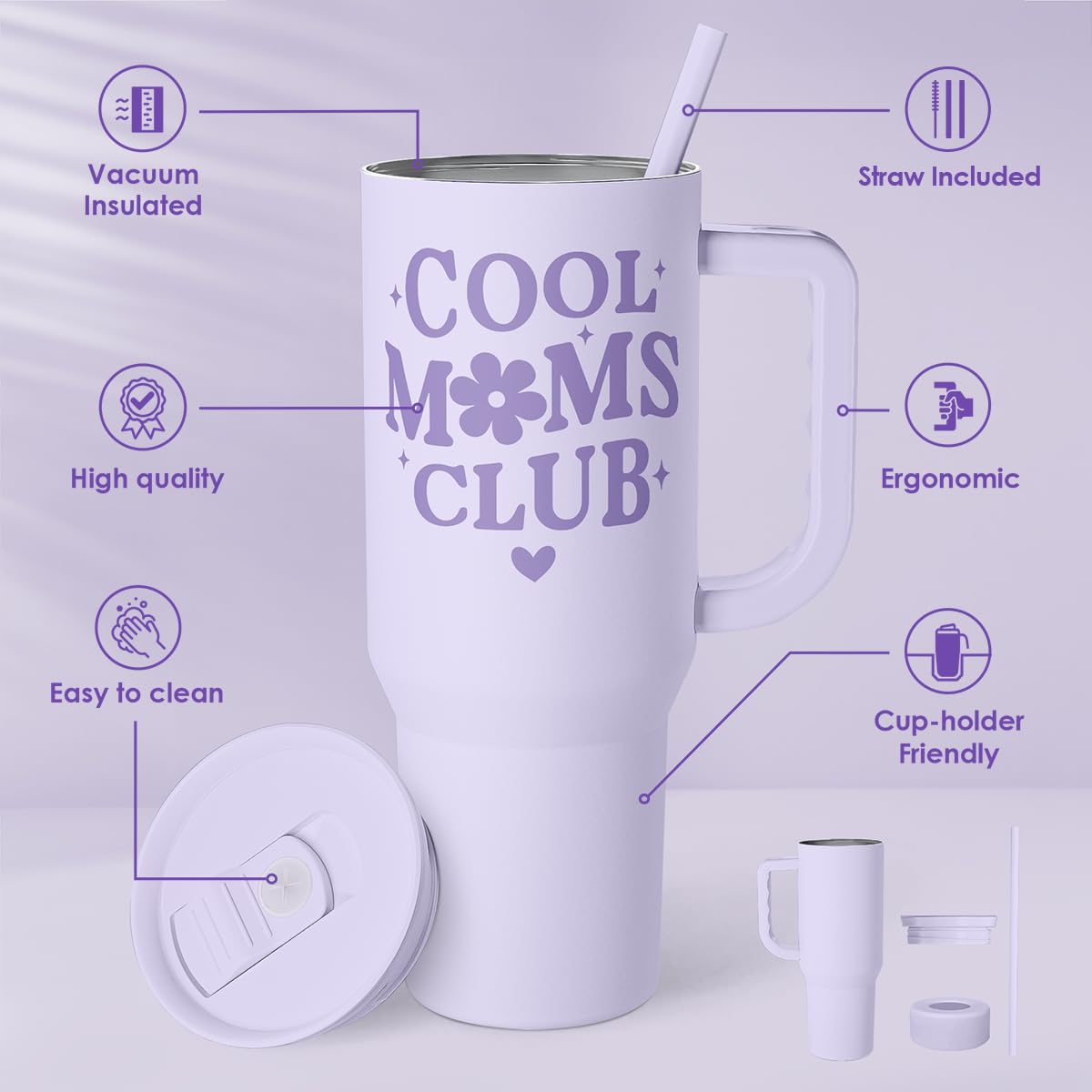 Gift for Mom - Cool Mom Club Stainless Steel Tumbler with Handle, Travel Coffee Mug for Moms - Gifts for Birthday Christmas Moth