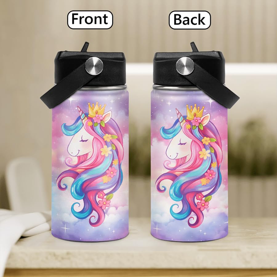 Unicorn Kids Water Bottle Insulated Water Bottles 12Oz With Straw Stainless Steel Travel School Tumbler Double Wall Vacuum Cup F