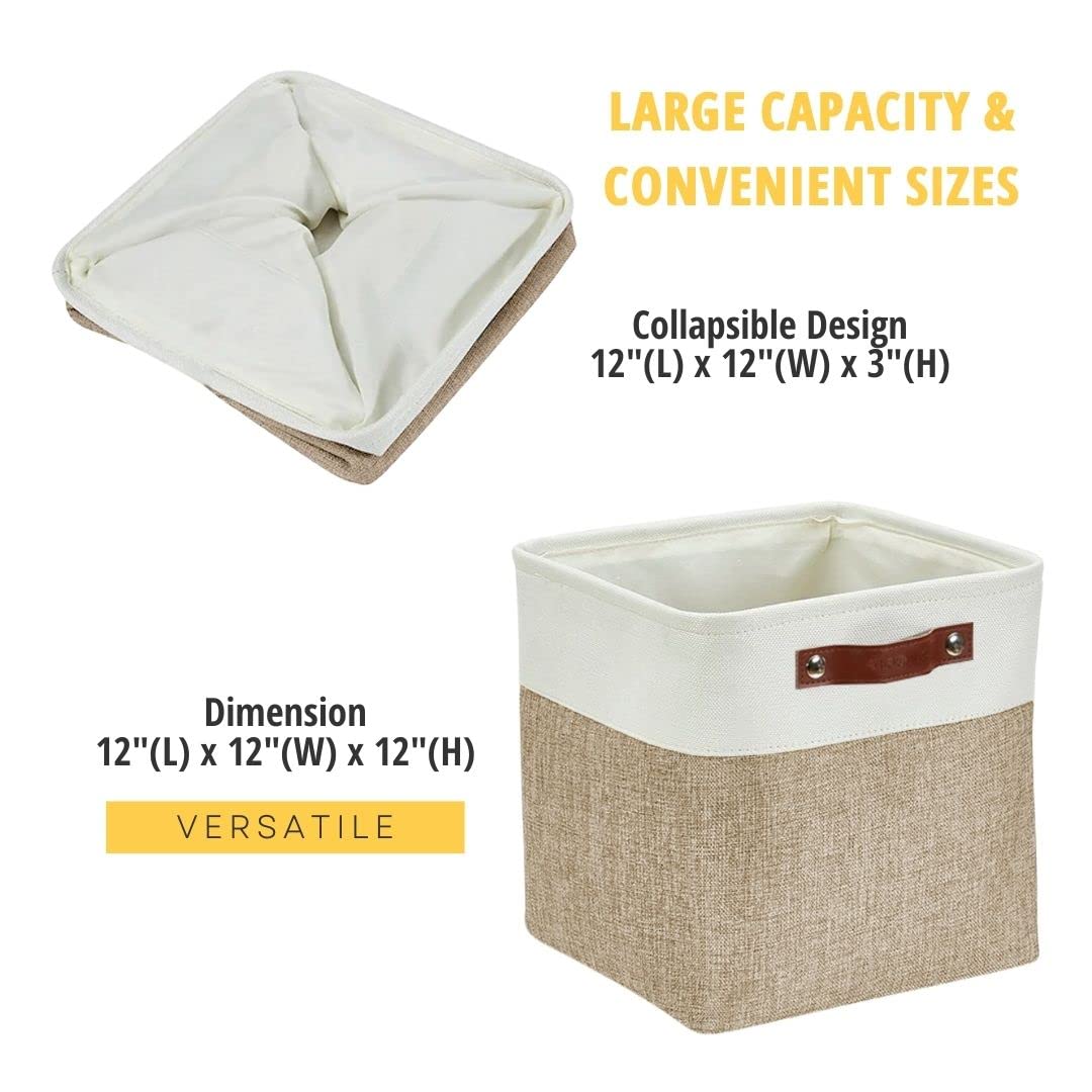 DECOMOMO Storage Cubes, 12x12 Storage Bins, Baskets for Shelves (Beige & White, Cube 12 - 4 Pack)