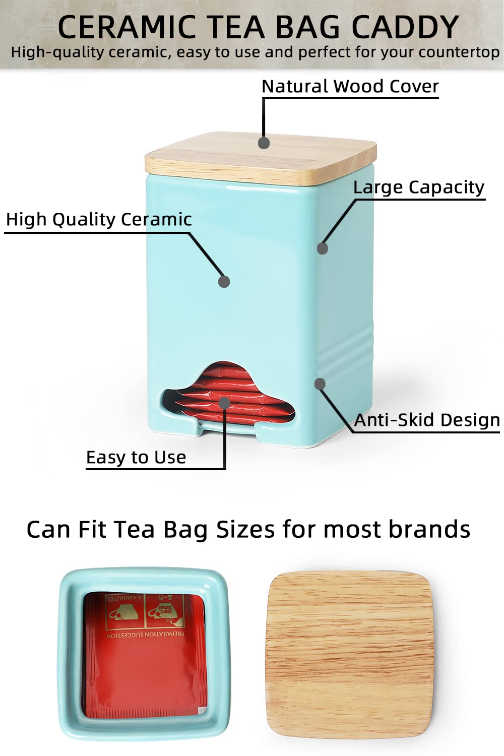 Quxija Ceramic Tea Bag Storage Organizer Caddy Holder With Lid (Turquoise)