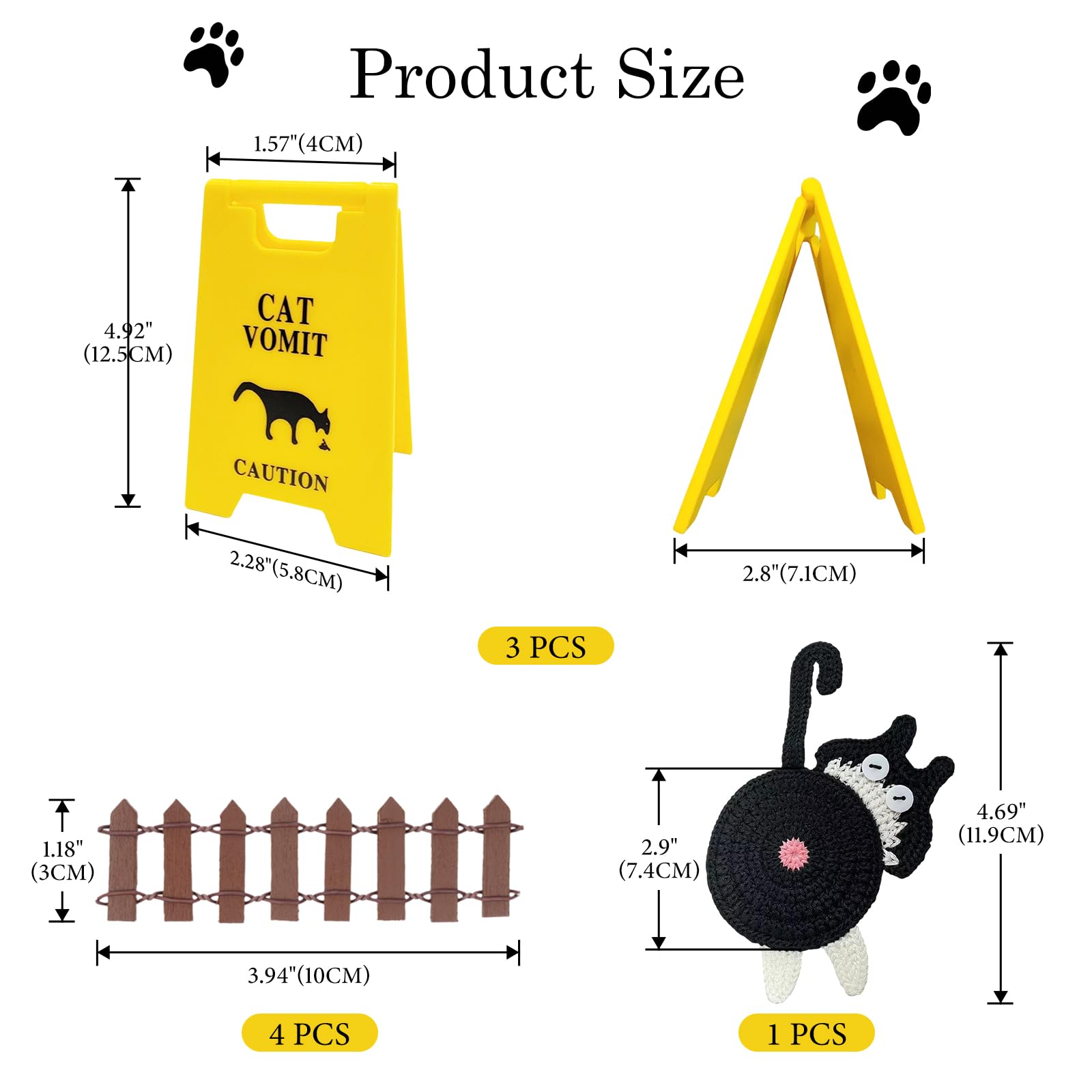 3Pcs Cat Vomit Caution Sign, Funny Cat Vomit Sign with Mini Fence and Woven Cat Coaster 3D Printed Cat Warning Signs Double Side