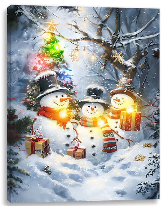 Alottagifts Snowman Family Gifts Lighted Canvas Wall Art Print 16'' X 12'' With Timer | Led Canvas Wall Art Print Design | Moder