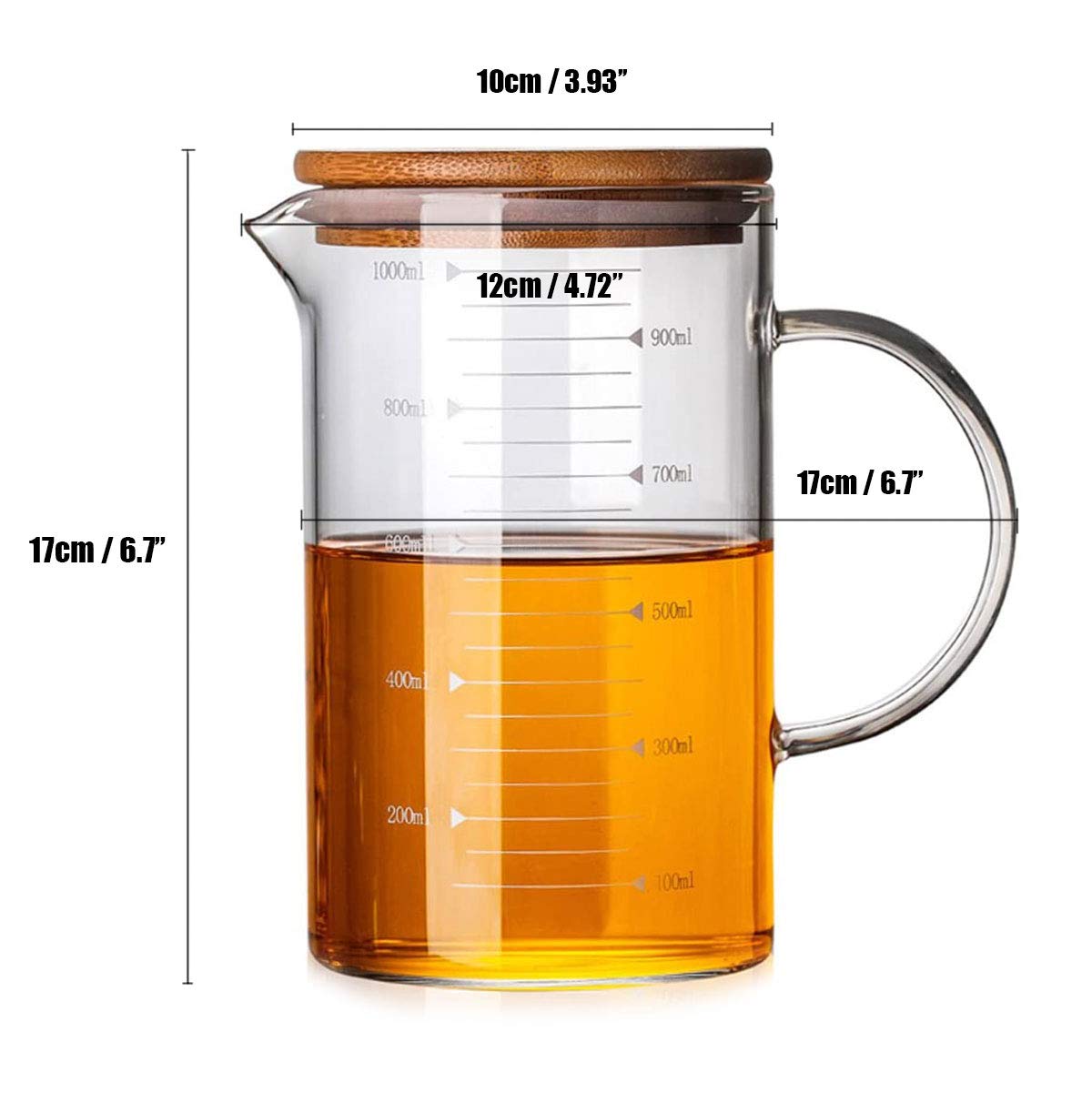 Daycount Glass Beaker With Handle And Lid, Glass Measuring Cup With Hand Grip, Glass Measure Cup For Easy Visibility, Baking, Co