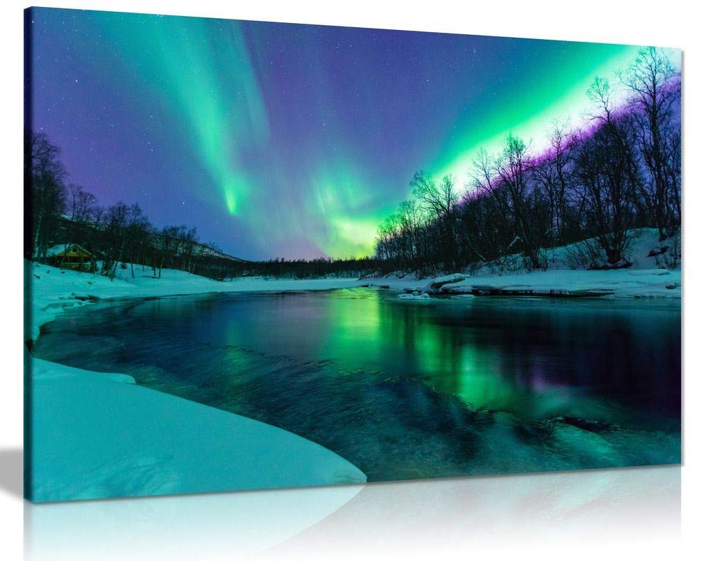 Panther Print, Canvas Wall Art, Winter River Northern Lights Aurora Borealis, Living Room, And Bedroom Framed Art, Quality Pictu