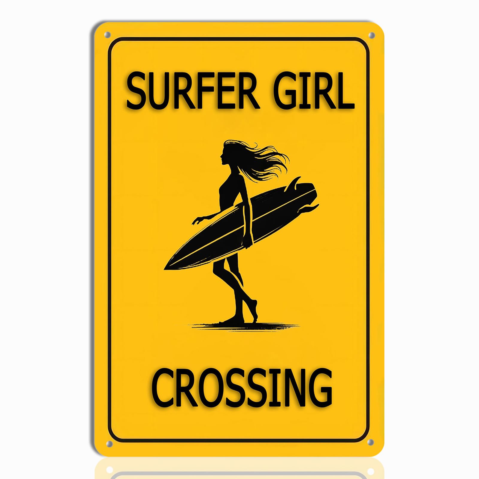 Surfer Girl Crossing Metal Sign - Surfboard Wall Art for Beach Room Decor, Surfer Gifts for Women and Teen Girls, Cool Surfing R