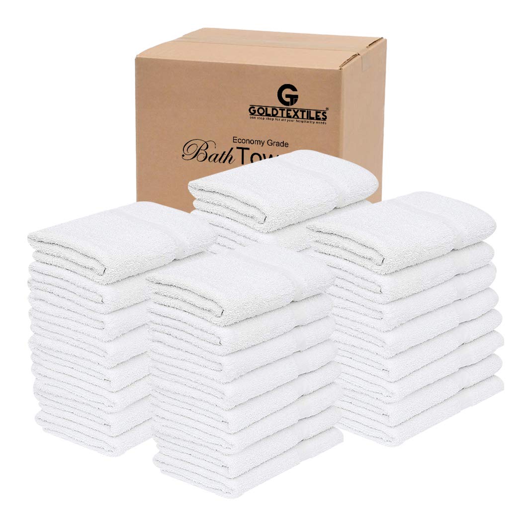 Gold Textiles 60 White Economy Bath Towels Bulk (24X48 Inch) Cotton Blend For Softness-Commercial Grade Easy Care