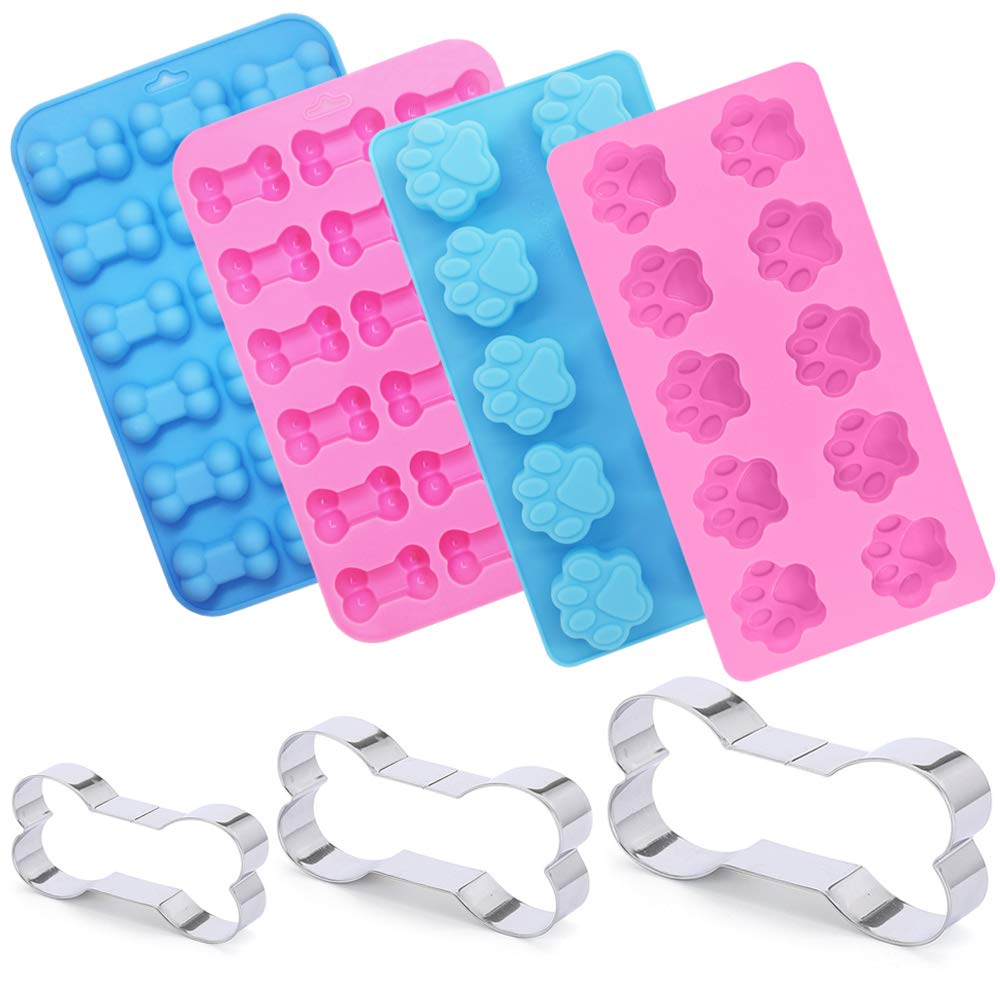 Set Of 7, Puppy Dog Paw And Bone Silicone Molds With Stainless Steel Bone Cookie Cutter, Findtop Food Grade Silicone Molds (Pink