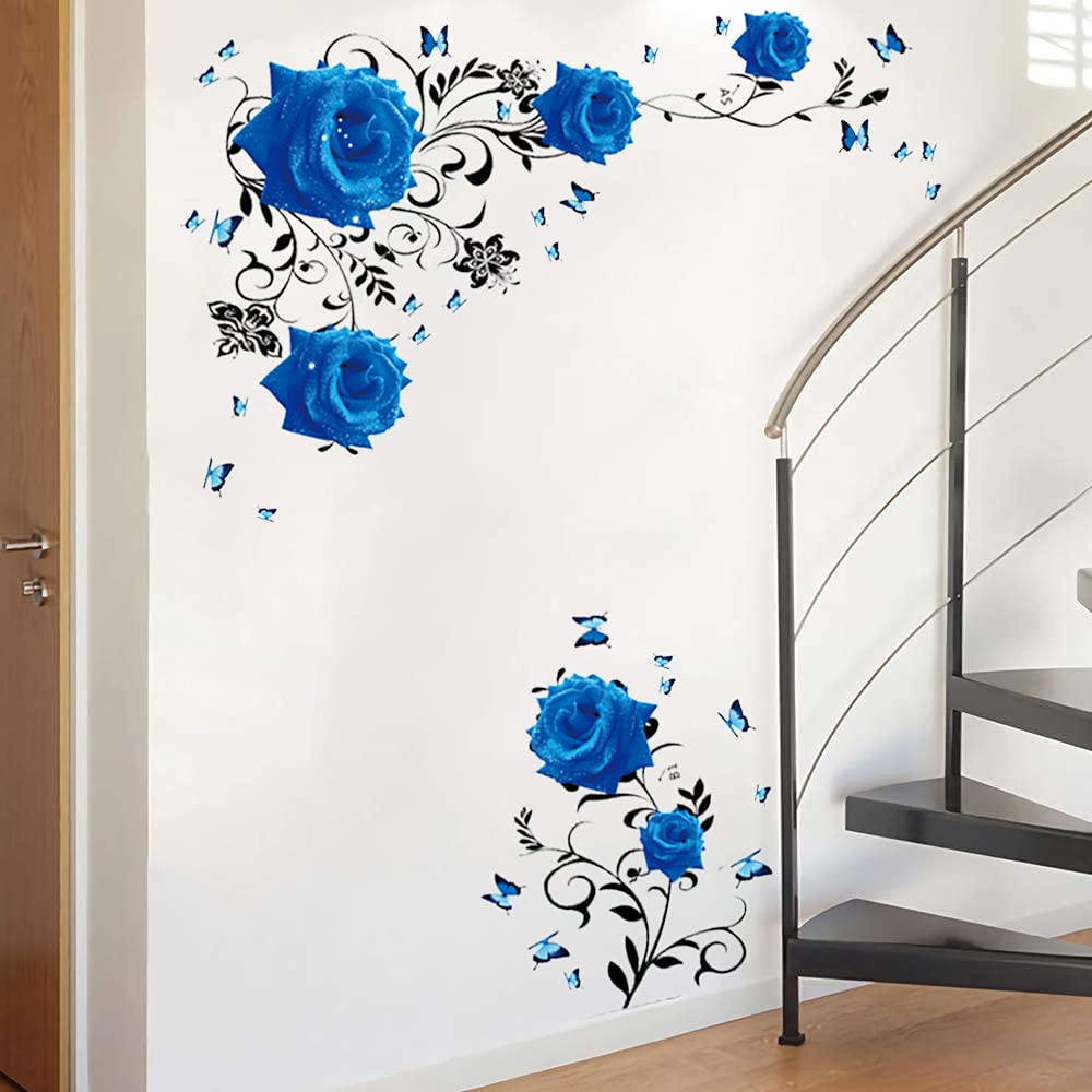 Supzone Blue Rose Wall Stickers Vinyl Floral Decal for Bedroom & Living Room, Model WS298