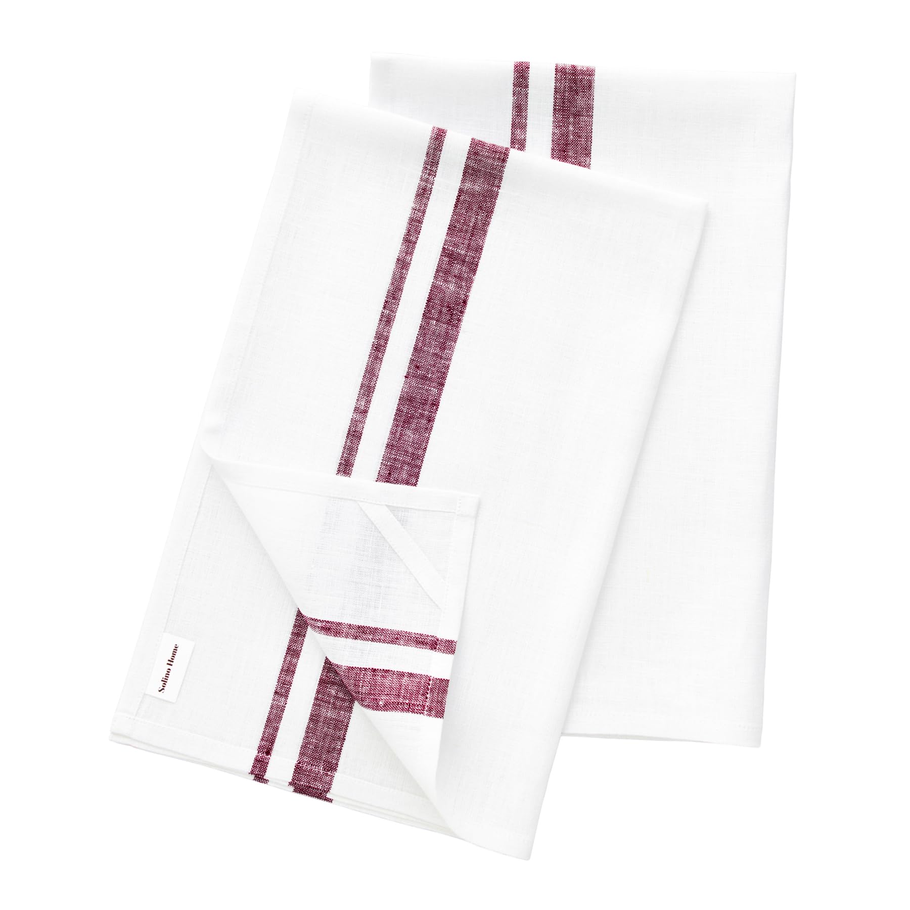 Solino Home Linen Kitchen Towels Set of 2 - Burgundy and White 17 x 26 Inch - 100% Pure Linen French Stripe Kitchen/Tea Towels -
