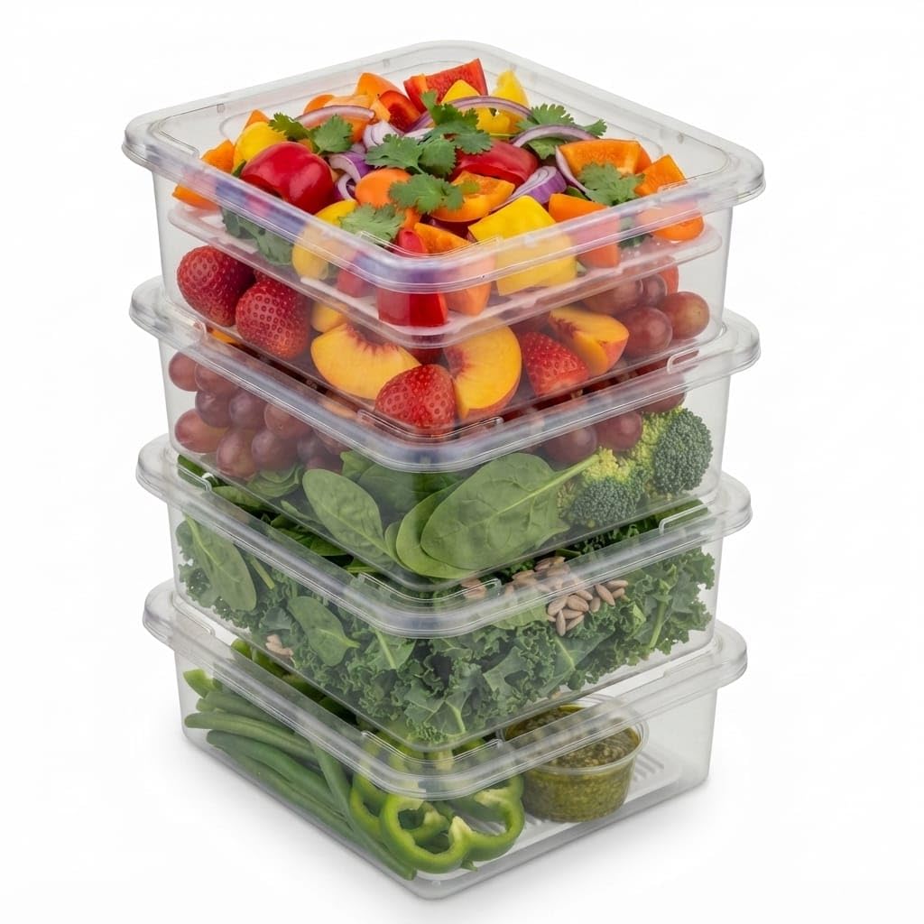 Royalcook Fridge Storage Containers Set Of 4, 2.5L Big Stackable Food Grade Plastic Boxes With Drain Tray For Vegetables, Fruits