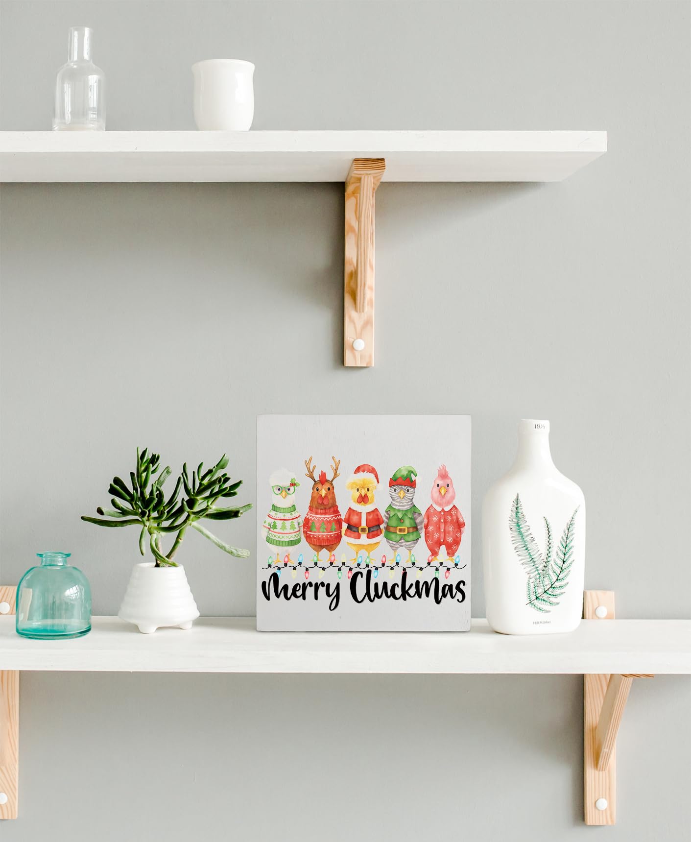 kunlisa Funny Christmas Chicken Wooden Sign, Farmhouse Christmas Decor, Chicken Lover Gifts, Xmas Hen Rooster Wood Box Sign for