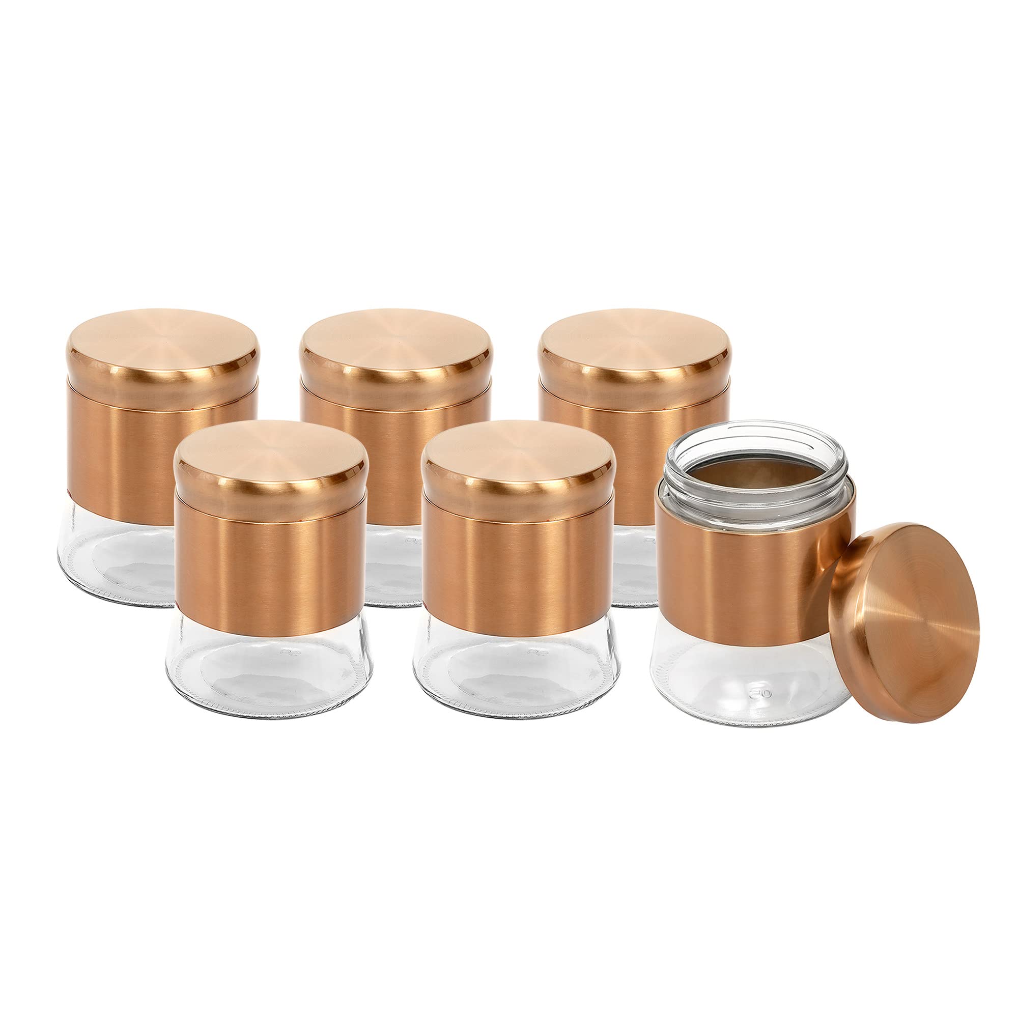 Cutting Edge Rose Gold Finish  Bell Bottom Glass Jars For Sugar,Cereal, Spices, Pulses And Other Kitchen Storage 1250Ml, Set Of