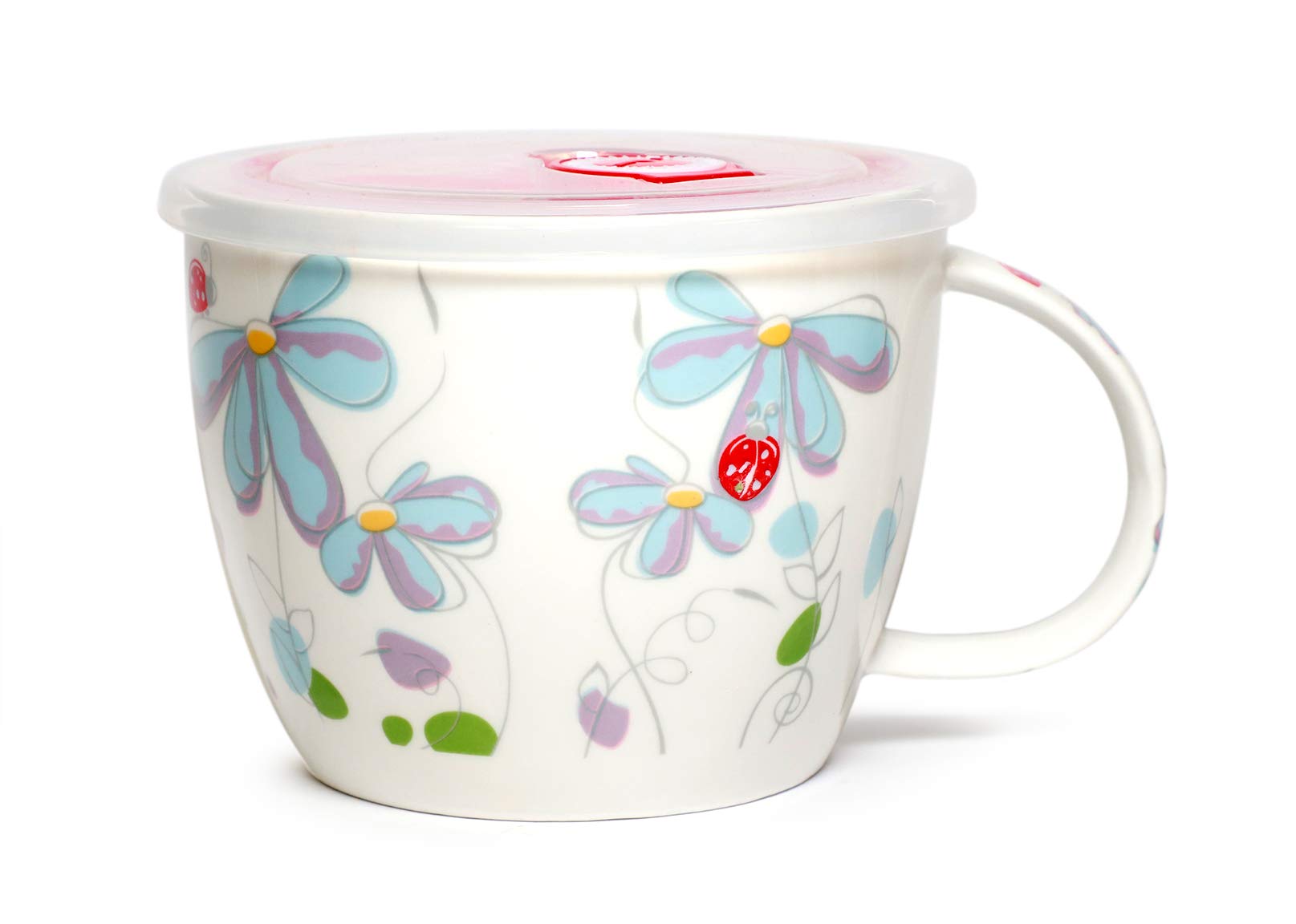 High Quality Microwavable Ceramic Noodle Bowl With Handle And Seal Fine Porcelain Floral Design (Bluedaisy)