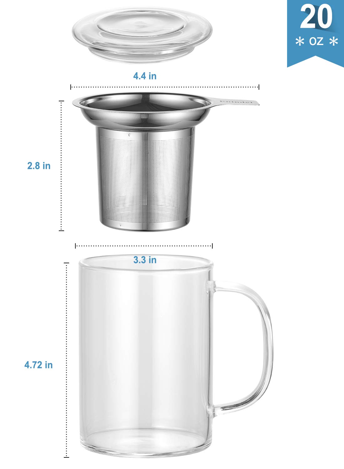 Enindel 3020.05 Glass Tea Mug with Infuser and Lid  Tea Cup  Clear  20 OZ  GM005