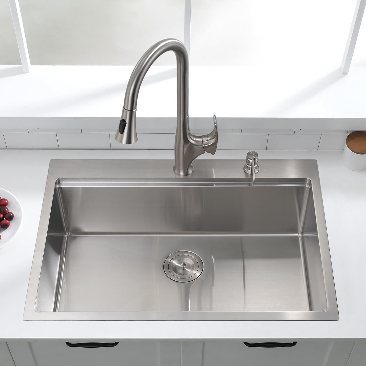 33-Inch Drop in Workstation Kitchen Sink - VOKIM 33 x22Inch Single Bowl Topmount 16 Gauge Stainless Steel 10'' Deep Handmade Kitchen Sink with Cutting Board& Strainer