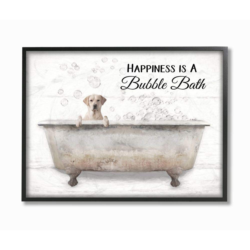 Stupell Industries Happiness Is A Bubble Bath Dog In Tub Word Design, Black Framed, 16 X 20